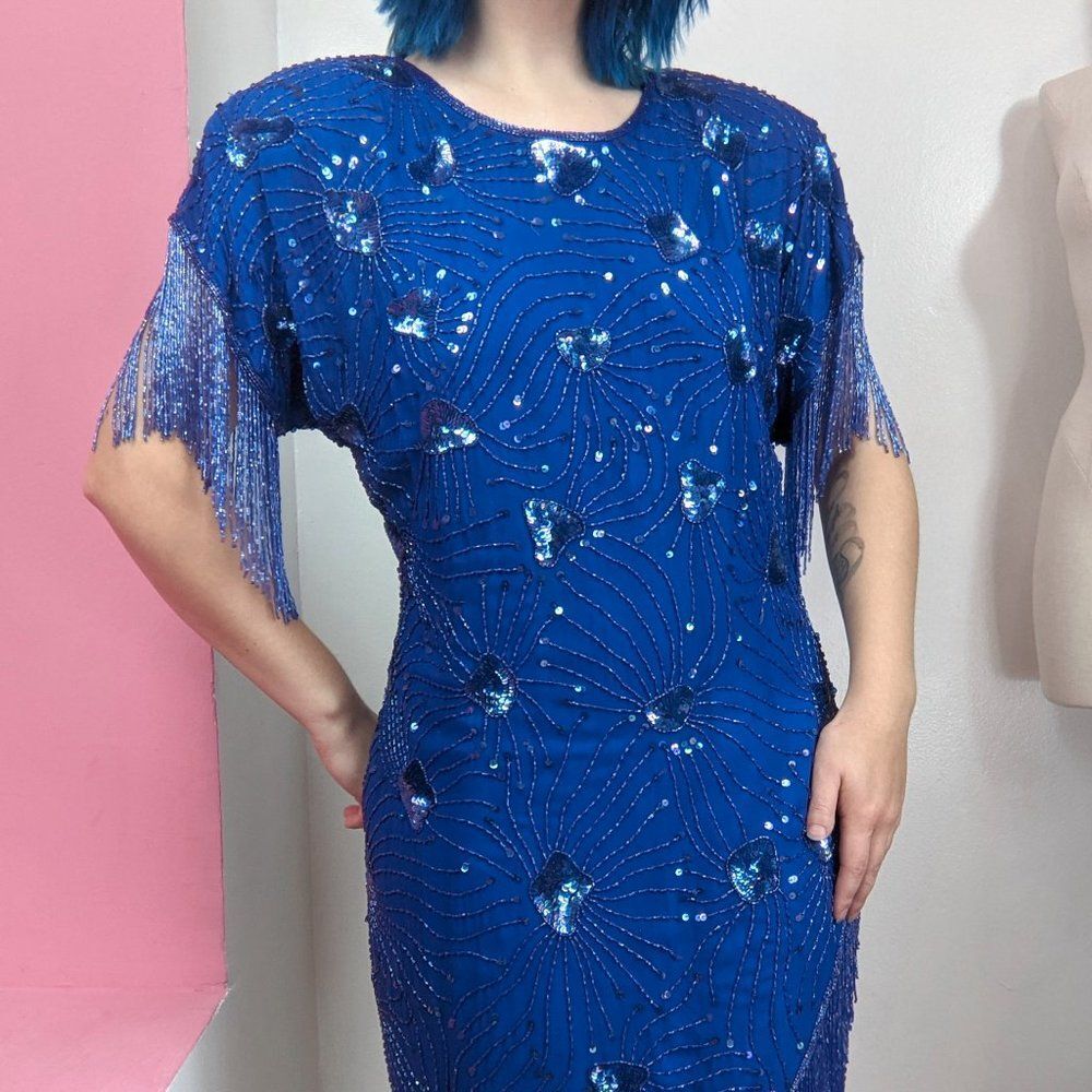 Vintage 80s Blue Sequin & Beaded Fringe Party Dress - Picture 3 of 10